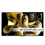 LG Maailman ensimmäinen 97 tuuman True Wireless LG SIGNATURE OLED M3 -televisio 4K 120Hz videon- ja äänensiirrolla , Edestä päin otettu kuva, jossa on LG OLED M3 ja sen alapuolella Zero Connect Box, kyltti tekstillä ”11 Years World No.1” OLED, LG OLED evo ja logo näytön 5 vuoden takuusta, OLED97M39LA, thumbnail 1