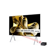 LG Maailman ensimmäinen 97 tuuman True Wireless LG SIGNATURE OLED M3 -televisio 4K 120Hz videon- ja äänensiirrolla , Hieman vinosti vasemmalta otettu kuva, jossa on LG OLED M3 seinällä ja sen alla Zero Connect Box, OLED97M39LA, thumbnail 2