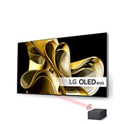 LG Maailman ensimmäinen 77 tuuman True Wireless LG OLED evo AI M3 -televisio 4K 120Hz videon- ja äänensiirrolla , Hieman vinosti oikealta otettu kuva, jossa on LG OLED M3 seinällä, OLED77M39LA, thumbnail 3