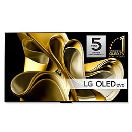 Edestä päin otettu kuva, jossa on LG OLED M3 ja sen alapuolella Zero Connect Box, kyltti tekstillä ”11 Years World No.1” OLED, LG OLED evo ja logo näytön 5 vuoden takuusta2