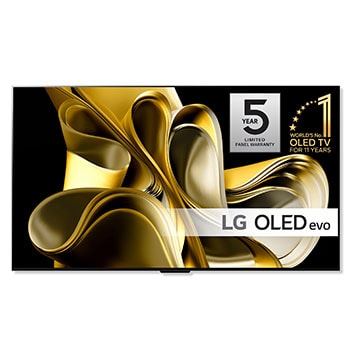 Edestä päin otettu kuva, jossa on LG OLED M3 ja sen alapuolella Zero Connect Box, kyltti tekstillä ”11 Years World No.1” OLED, LG OLED evo ja logo näytön 5 vuoden takuusta1