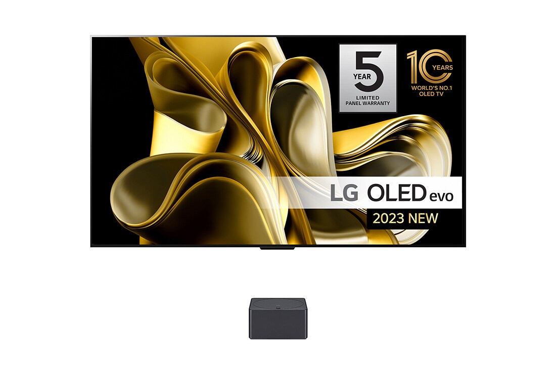 LG 83'' OLED evo M3 - 4K TV (2023), Edestä päin otettu kuva, jossa on LG OLED M3 ja sen alapuolella Zero Connect Box, kyltti tekstillä ”10 Years World No.1” OLED, LG OLED evo ja logo näytön 5 vuoden takuusta, OLED83M39LA