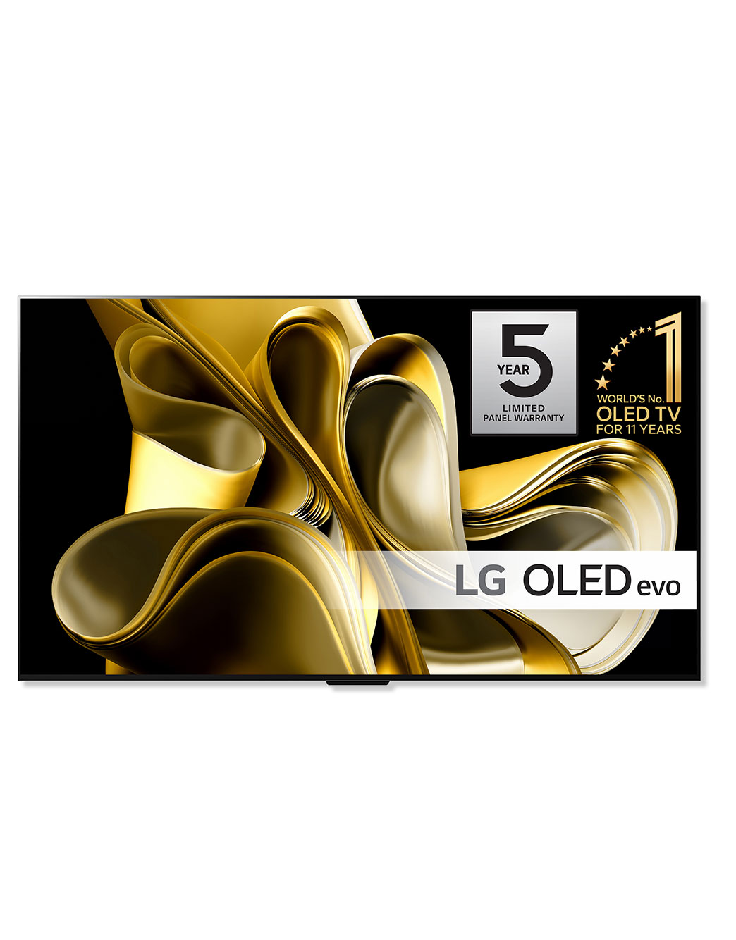 LG Maailman ensimmäinen 83 tuuman True Wireless LG OLED evo AI M3 -televisio 4K 120Hz videon- ja äänensiirrolla , Edestä päin otettu kuva, jossa on LG OLED M3 ja sen alapuolella Zero Connect Box, kyltti tekstillä ”11 Years World No.1” OLED, LG OLED evo ja logo näytön 5 vuoden takuusta, OLED83M39LA