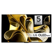 LG Maailman ensimmäinen 83 tuuman True Wireless LG OLED evo AI M3 -televisio 4K 120Hz videon- ja äänensiirrolla , Edestä päin otettu kuva, jossa on LG OLED M3 ja sen alapuolella Zero Connect Box, kyltti tekstillä ”11 Years World No.1” OLED, LG OLED evo ja logo näytön 5 vuoden takuusta, OLED83M39LA, thumbnail 1
