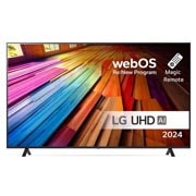 LG 75 tuuman LG UHD AI UT80 4K -Smart TV 2024, Edestä otettu kuva LG UHD TV, UT81 -televisiosta ja teksti LG UHD AI ThinQ, 2024 sekä webOS Re:New Program -logo näytöllä, 75UT80006LA, thumbnail 1