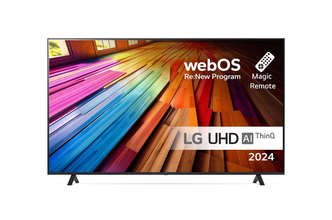 LG 65 tuuman LG UHD UT80 4K -Smart TV 2024, Edestä otettu kuva LG UHD TV, UT81 -televisiosta ja teksti LG UHD AI ThinQ, 2024 sekä webOS Re:New Program -logo näytöllä, 65UT80006LA