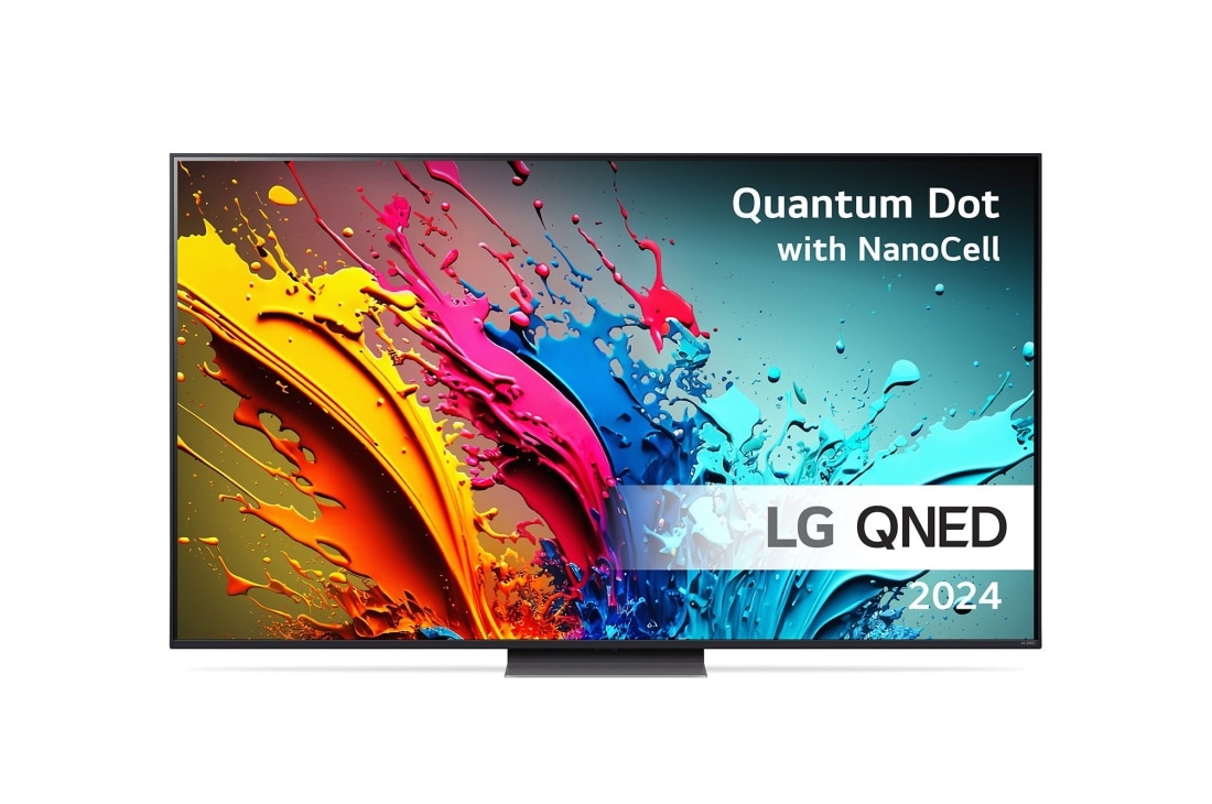 LG 86'' QNED 86 - 4K Smart TV (2024), LG QNED TV:n etunäkymä, QNED86 ja teksti LG QNED, Quantum Dot ja NanoCell sekä 2024 näytöllä, 86QNED86T6A