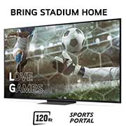 LG 86'' QNED AI 86 - 4K Smart TV (2024), Bring Stadium Home ja televisio, jossa on jalkapallokuva Love Games -peleistä ja 120 Hz:n taajuudella, alareunassa Sports Portal, 86QNED86T6A, thumbnail 3