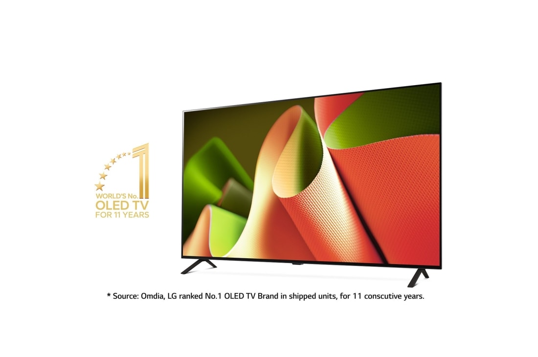 LG 77 tuuman LG OLED AI B4 4K Smart TV OLED77B4, Hieman viistosti vasemmalle päin katsottuna 11 vuotta maailman numero 1 OLED-merkki ja vastuuvapauslauseke. Omdia, LG sijoittui 11 peräkkäisen vuoden ajan OLED-televisiobrändiksi numero 1 toimitetuiss, OLED77B4ELA, thumbnail 5