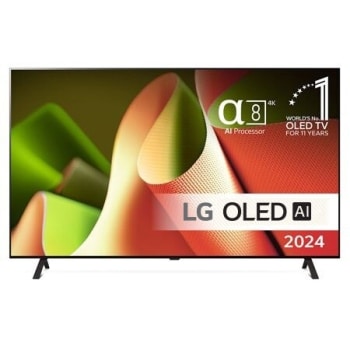 Edestäpäin katsottuna LG OLED TV, OLED B4, 11 Years of World Number 1 OLED Emblem ja alpha 8 4K AI processor logo.1