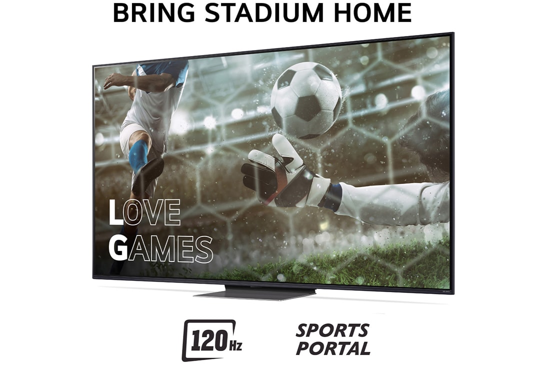 LG 75'' QNED AI 86 - 4K Smart TV (2024), Bring Stadium Home ja televisio, jossa on jalkapallokuva Love Games -peleistä ja 120 Hz:n taajuudella, alareunassa Sports Portal, 75QNED86T6A, thumbnail 3