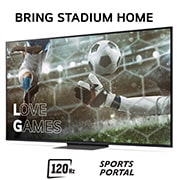LG 75'' QNED AI 86 - 4K Smart TV (2024), Bring Stadium Home ja televisio, jossa on jalkapallokuva Love Games -peleistä ja 120 Hz:n taajuudella, alareunassa Sports Portal, 75QNED86T6A, thumbnail 3