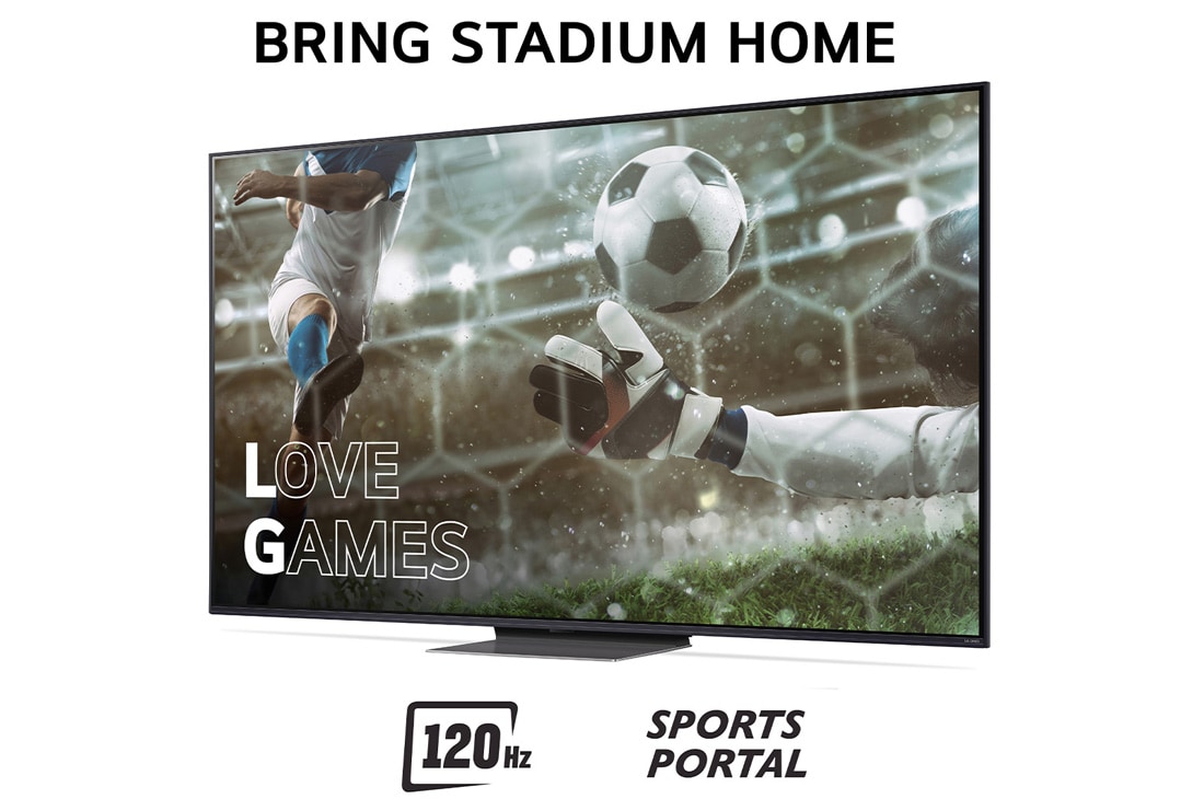 LG 65'' QNED AI 86 - 4K Smart TV (2024), Bring Stadium Home ja televisio, jossa on jalkapallokuva Love Games -peleistä ja 120 Hz:n taajuudella, alareunassa Sports Portal, 65QNED86T6A, thumbnail 3