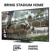 LG 55'' QNED AI 86 - 4K Smart TV (2024), Bring Stadium Home ja televisio, jossa on jalkapallokuva Love Games -peleistä ja 120 Hz:n taajuudella, alareunassa Sports Portal, 55QNED86T6A, thumbnail 3