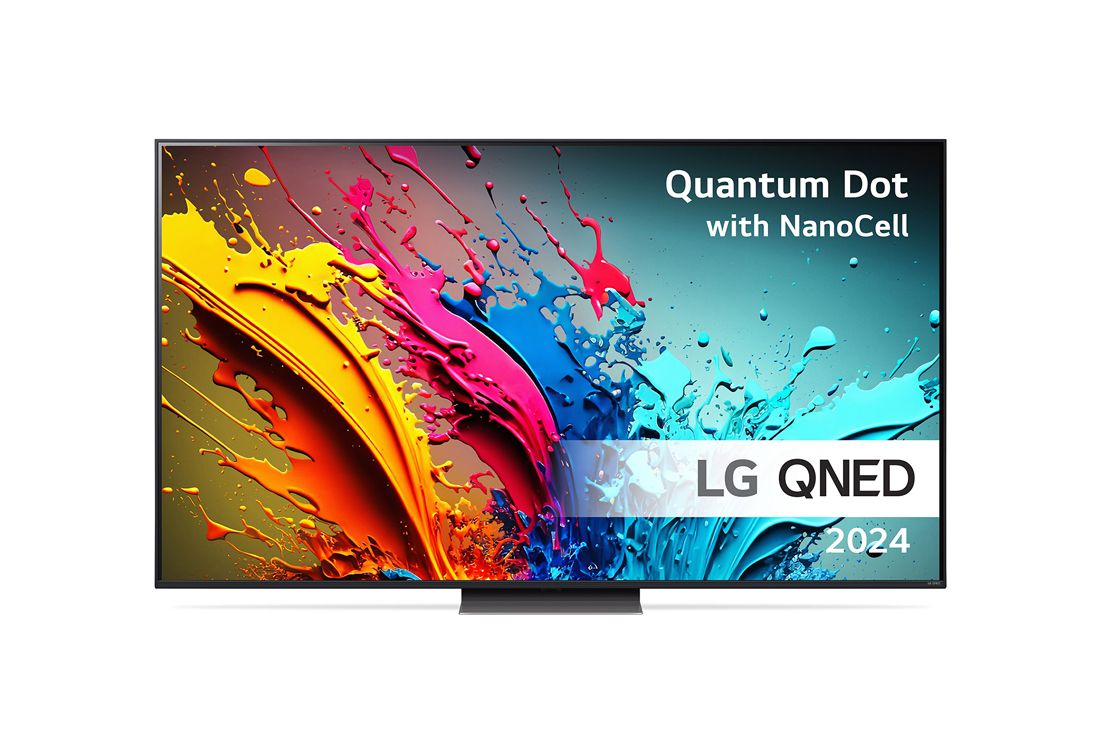 LG 75'' QNED 87 - 4K Smart TV (2024), LG QNED TV:n etunäkymä, QNED86 ja teksti LG QNED, Quantum Dot ja NanoCell sekä 2024 näytöllä, 75QNED87T6B