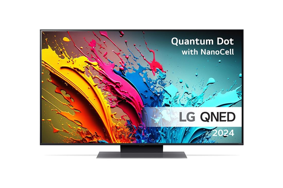 LG 50'' QNED 87 - 4K Smart TV (2024), LG QNED TV:n etunäkymä, QNED86 ja teksti LG QNED, Quantum Dot ja NanoCell sekä 2024 näytöllä, 50QNED87T6B