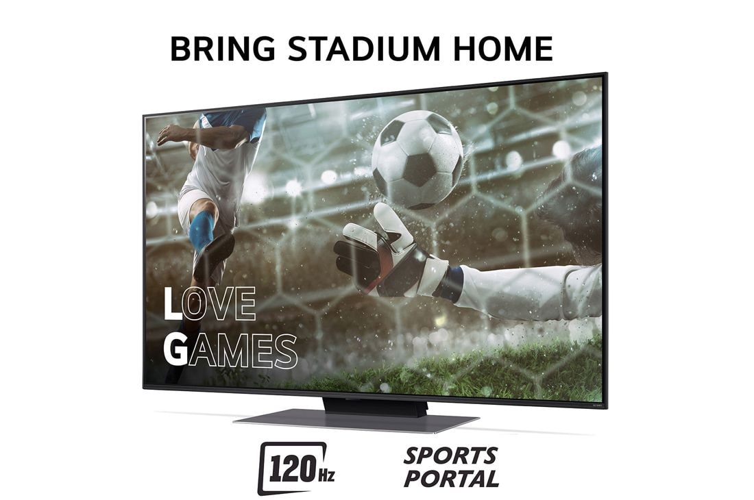 LG 50'' QNED AI 87 - 4K Smart TV (2024), Bring Stadium Home ja televisio, jossa on jalkapallokuva Love Games -peleistä ja 120 Hz:n taajuudella, alareunassa Sports Portal, 50QNED87T6B, thumbnail 3