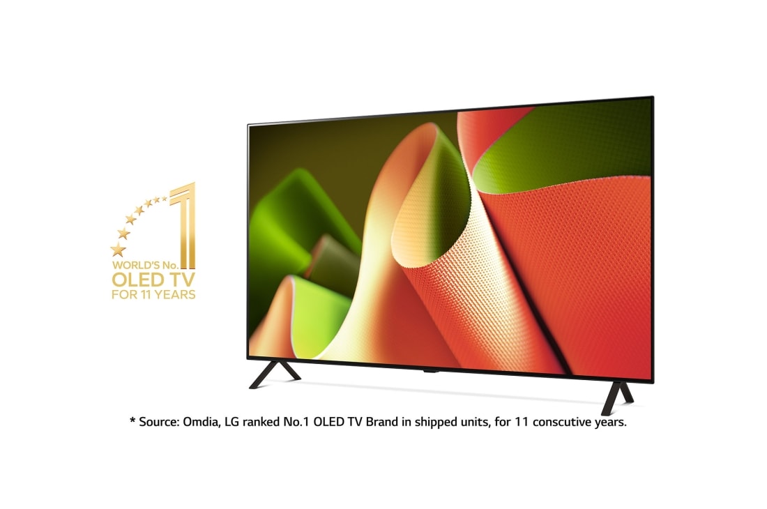 LG 55 tuuman LG OLED AI B4 4K Smart TV OLED55B4, Hieman viistosti vasemmalle päin katsottuna 11 vuotta maailman numero 1 OLED-merkki ja vastuuvapauslauseke. Omdia, LG sijoittui 11 peräkkäisen vuoden ajan OLED-televisiobrändiksi numero 1 toimitetuiss, OLED55B4ELA, thumbnail 5
