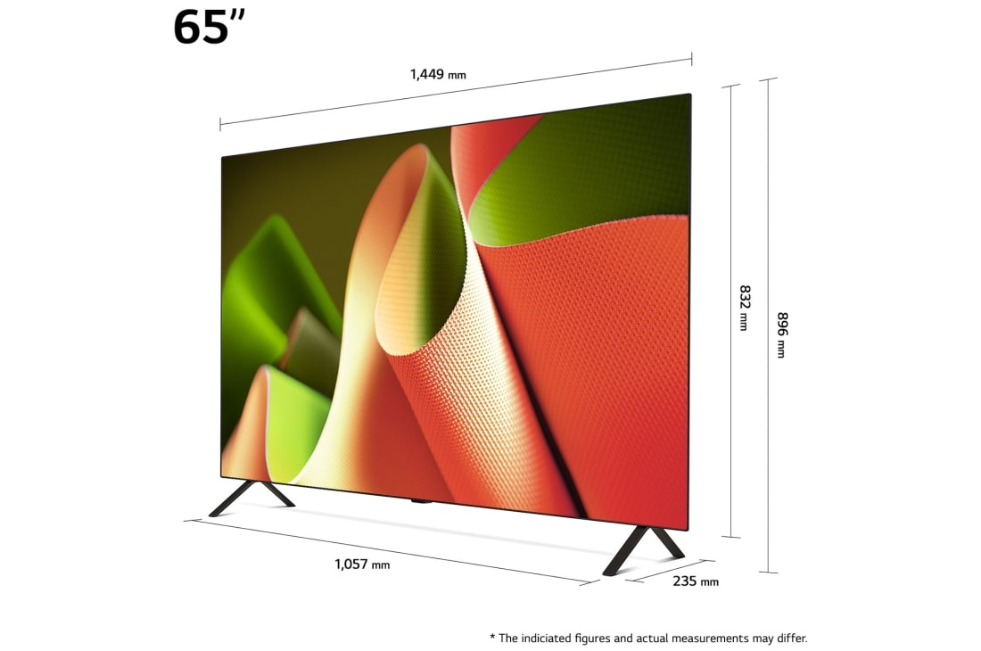 LG 65'' OLED AI B4 - 4K TV (2024), Kokoyhteenveto näytön leveydestä, korkeudesta, kokonaiskorkeudesta jalustan kanssa, jalustan leveydestä ja jalustan syvyydestä, OLED65B46LA, thumbnail 5