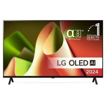 Edestäpäin katsottuna LG OLED TV, OLED B4, 11 Years of World Number 1 OLED Emblem ja alpha 8 4K AI processor logo.1