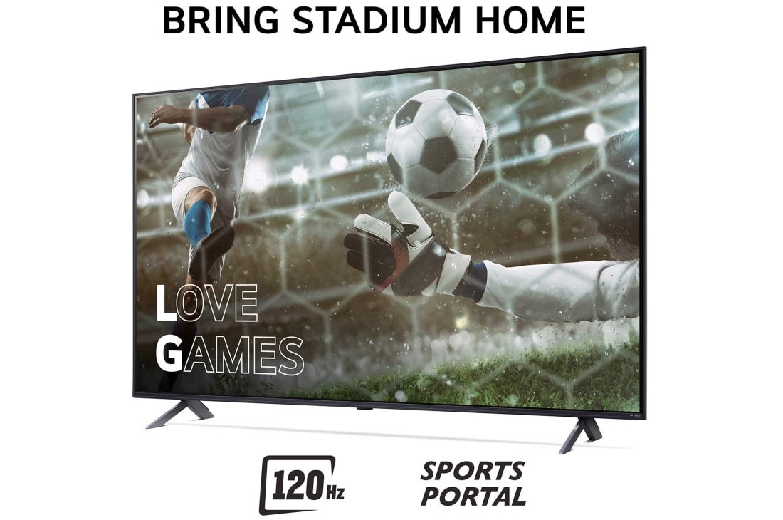 LG 50'' QNED AI 85 - 4K Smart TV (2024), Bring Stadium Home med TV som har fotballbilde med Love Games og 120 Hz, Sports Portal skrevet nederst, 50QNED85T6A, thumbnail 3