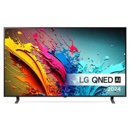 LG QNED TV:n etunäkymä, QNED85 ja teksti LG QNED, Quantum Dot ja NanoCell sekä 2024 näytöllä2