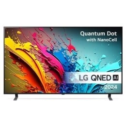 LG QNED TV:n etunäkymä, QNED86 ja teksti LG QNED, Quantum Dot ja NanoCell sekä 2024 näytöllä2