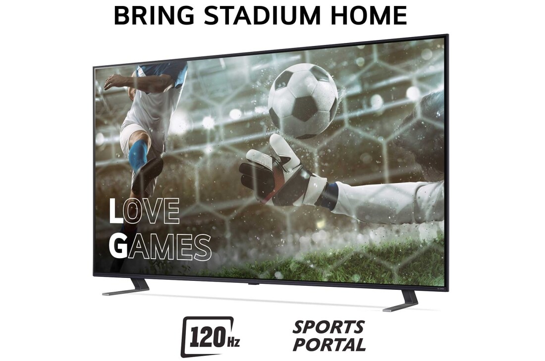 LG 75'' QNED AI 85 - 4K Smart TV (2024), Bring Stadium Home ja televisio, jossa on jalkapallokuva Love Games -peleistä ja 120 Hz:n taajuudella, alareunassa Sports Portal, 75QNED85T6C, thumbnail 3