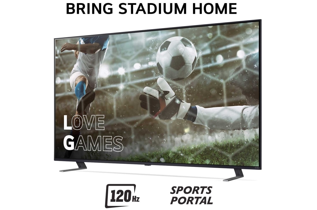LG 86'' QNED AI 85 - 4K Smart TV (2024), Bring Stadium Home ja televisio, jossa on jalkapallokuva Love Games -peleistä ja 120 Hz:n taajuudella, alareunassa Sports Portal, 86QNED85T6C, thumbnail 3