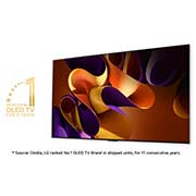 LG 97'' OLED evo AI G4 - 4K TV (2024), Hieman viistosti vasemmalle päin katsottuna 11 vuotta maailman numero 1 OLED-merkki ja vastuuvapauslauseke. Omdia, LG sijoittui 11 peräkkäisen vuoden ajan OLED-televisiobrändiksi numero 1 toimitetuiss, OLED97G45LW, thumbnail 2