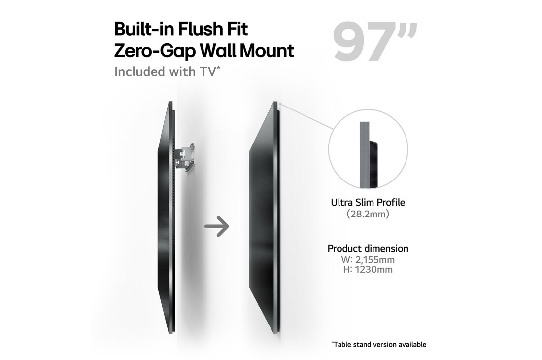 LG 97'' OLED evo AI G4 - 4K TV (2024), Sisäänrakennettu Flush Fit Zero-Gap -seinäkiinnike ja tuotteen mitat., OLED97G45LW, thumbnail 5