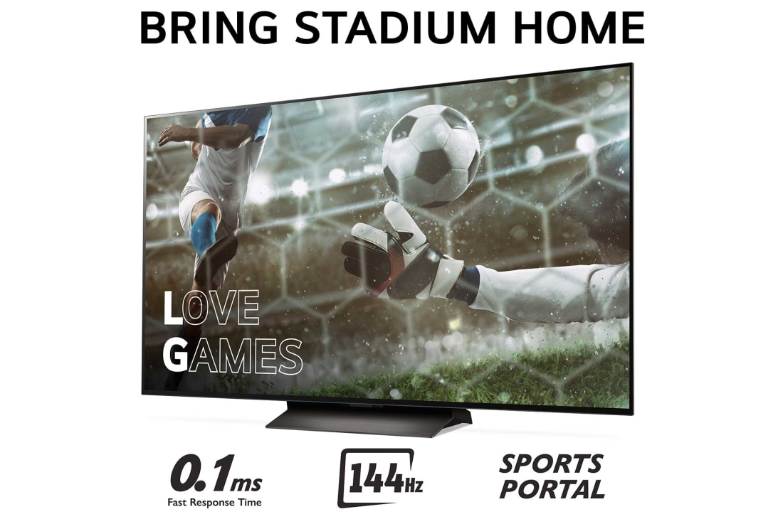 LG 65'' OLED evo AI C4 - 4K TV (2024), Tuo Stadium Home kotiin televisiolla, jossa on jalkapallokuva Love Games -peleistä ja nopea 0,1 mz:n vasteaika, 144 Hz, alareunassa Sports Portal, OLED65C44LA, thumbnail 3