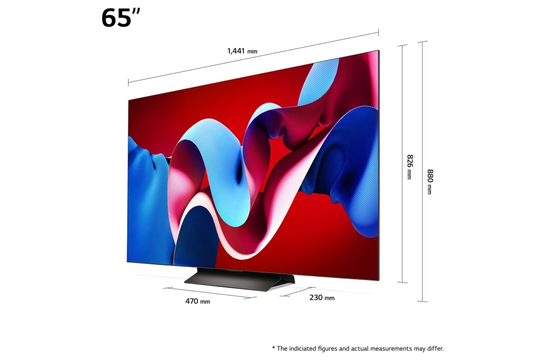 LG 65'' OLED evo AI C4 - 4K TV (2024), Kokoyhteenveto näytön leveydestä, korkeudesta, kokonaiskorkeudesta jalustan kanssa, jalustan leveydestä ja jalustan syvyydestä, OLED65C44LA, thumbnail 5