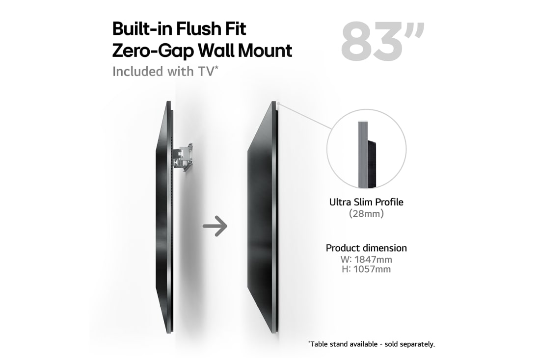 LG 83'' OLED evo AI G4 - 4K TV (2024), Sisäänrakennettu Flush Fit Zero-Gap -seinäkiinnike ja tuotteen mitat., OLED83G45LW, thumbnail 5