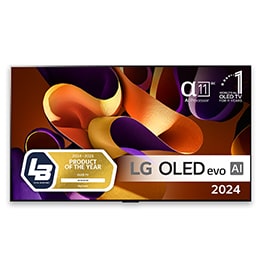 Edestäpäin katsottuna LG OLED evo TV, OLED G4, 11 Years of world number 1 OLED Emblem ja alpha 11 4K AI -prosessorin logo.2