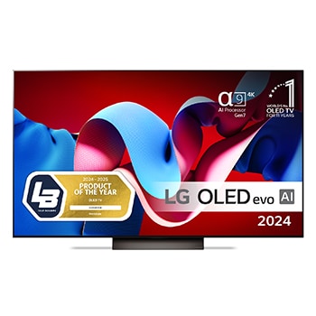 Edestäpäin katsottuna LG OLED evo TV, OLED C4, 11 Years of World Number 1 OLED Emblem ja alpha 9 4K AI processor Gen7 logo.1