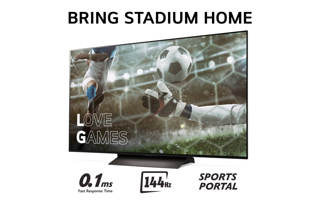 LG 77'' OLED evo AI C4 - 4K TV (2024), Tuo Stadium Home kotiin televisiolla, jossa on jalkapallokuva Love Games -peleistä ja nopea 0,1 mz:n vasteaika, 144 Hz, alareunassa Sports Portal, OLED77C44LA, thumbnail 3
