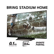 LG 77'' OLED evo AI C4 - 4K TV (2024), Tuo Stadium Home kotiin televisiolla, jossa on jalkapallokuva Love Games -peleistä ja nopea 0,1 mz:n vasteaika, 144 Hz, alareunassa Sports Portal, OLED77C44LA, thumbnail 3