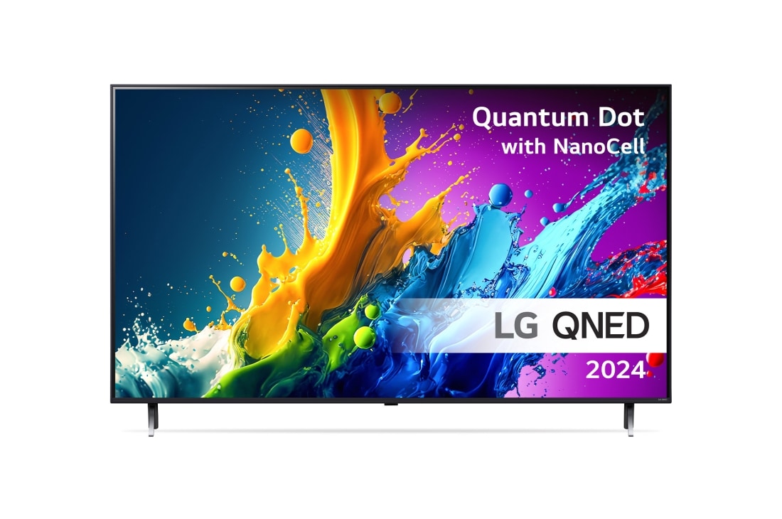 LG 55'' QNED 80 - 4K Smart TV (2024), LG QNED TV:n etunäkymä, QNED80 ja teksti LG QNED, Quantum Dot ja NanoCell sekä 2024 näytöllä, 55QNED80T6A