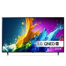 LG QNED TV:n etunäkymä, QNED80 ja teksti LG QNED, Quantum Dot ja NanoCell sekä 2024 näytöllä2