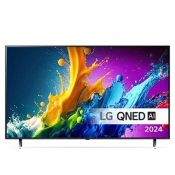 LG QNED TV:n etunäkymä, QNED80 ja teksti LG QNED, Quantum Dot ja NanoCell sekä 2024 näytöllä1