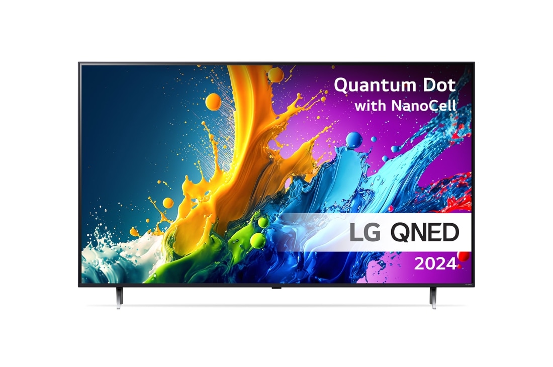 LG 86'' QNED 80 - 4K Smart TV (2024), LG QNED TV:n etunäkymä, QNED80 ja teksti LG QNED, Quantum Dot ja NanoCell sekä 2024 näytöllä, 86QNED80T6A