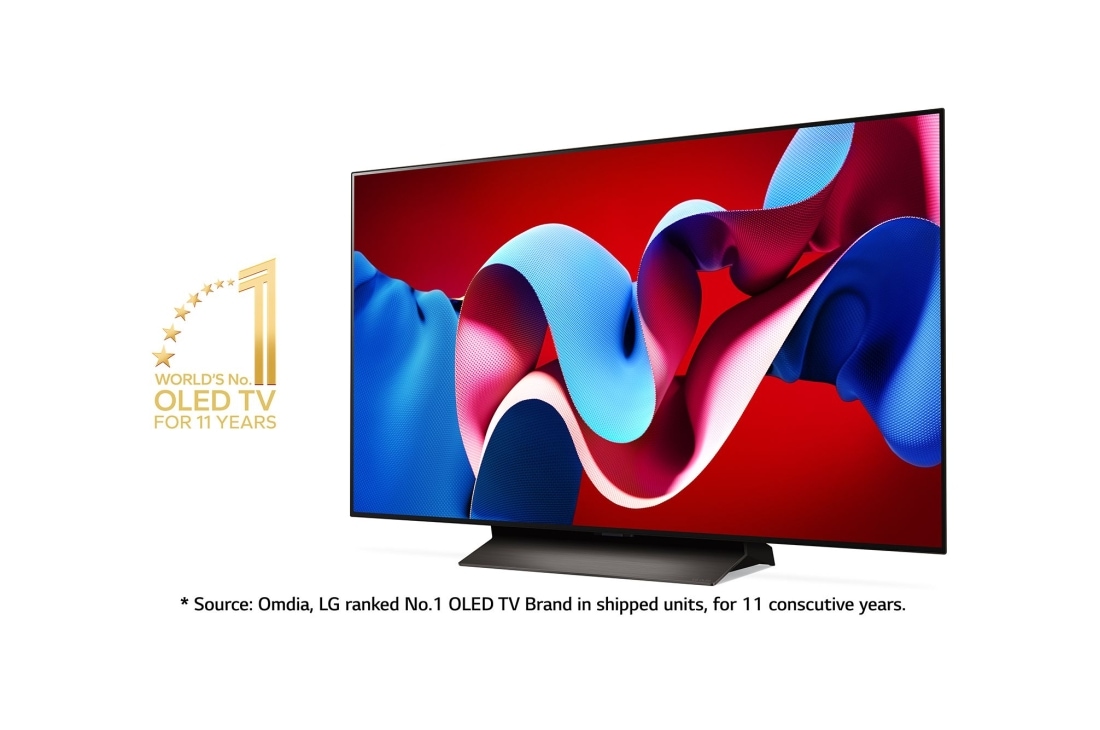 LG 48'' OLED evo AI C4 - 4K TV (2024), Hieman viistosti vasemmalle päin katsottuna 11 vuotta maailman numero 1 OLED-merkki ja vastuuvapauslauseke. Omdia, LG sijoittui 11 peräkkäisen vuoden ajan OLED-televisiobrändiksi numero 1 toimitetuiss, OLED48C44LA, thumbnail 2