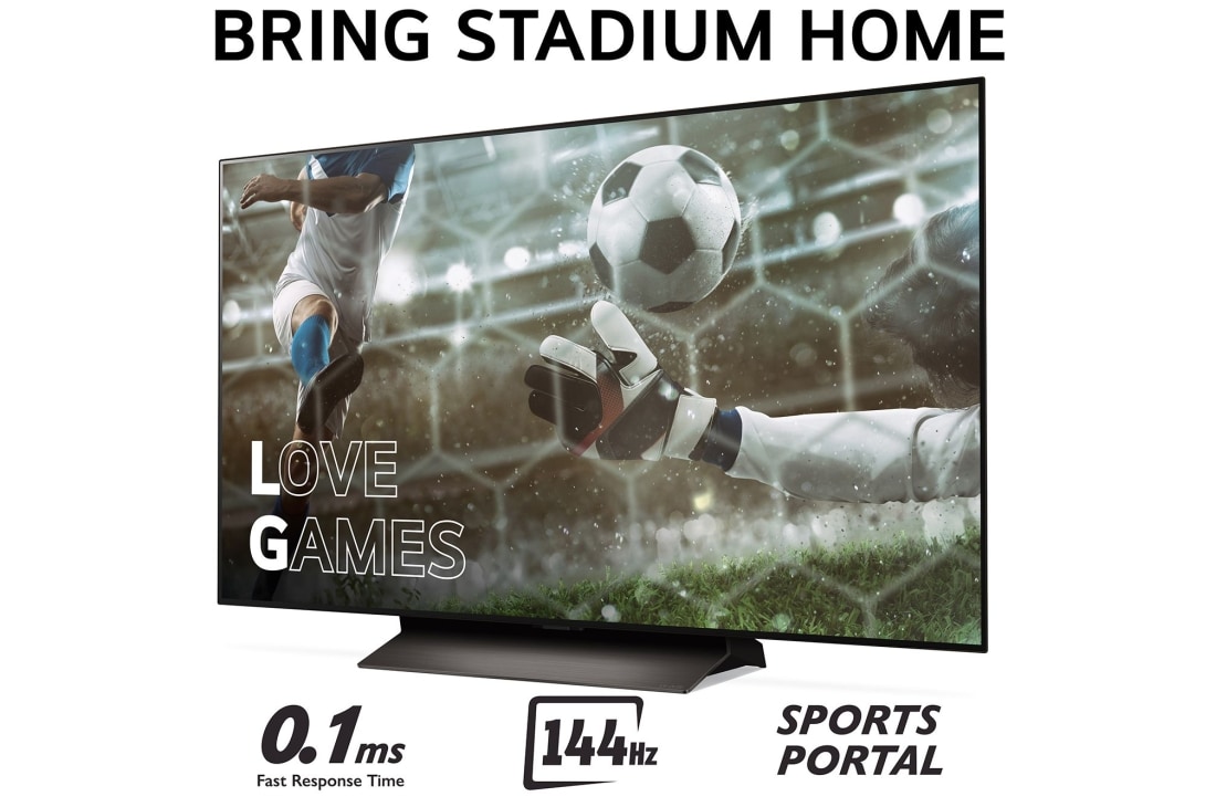 LG 48'' OLED evo AI C4 - 4K TV (2024), Tuo Stadium Home kotiin televisiolla, jossa on jalkapallokuva Love Games -peleistä ja nopea 0,1 mz:n vasteaika, 144 Hz, alareunassa Sports Portal, OLED48C44LA, thumbnail 3
