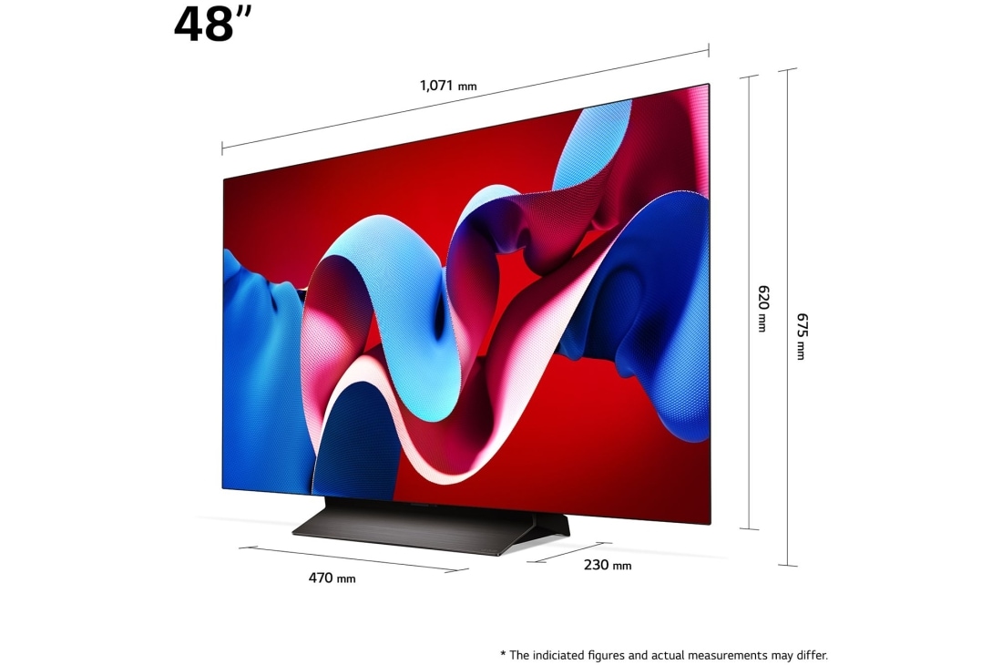 LG 48'' OLED evo AI C4 - 4K TV (2024), Kokoyhteenveto näytön leveydestä, korkeudesta, kokonaiskorkeudesta jalustan kanssa, jalustan leveydestä ja jalustan syvyydestä, OLED48C44LA, thumbnail 5