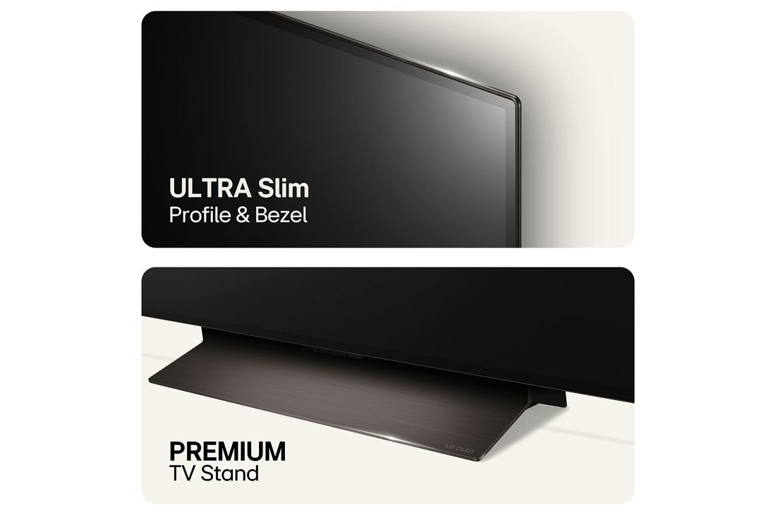LG 48'' OLED evo AI C4 - 4K TV (2024), Kuva ylhäältä erittäin ohuesta profiilista ja kehyksestä sekä alaosasta ensiluokkaisesta TV-jalustasta, OLED48C44LA, thumbnail 6