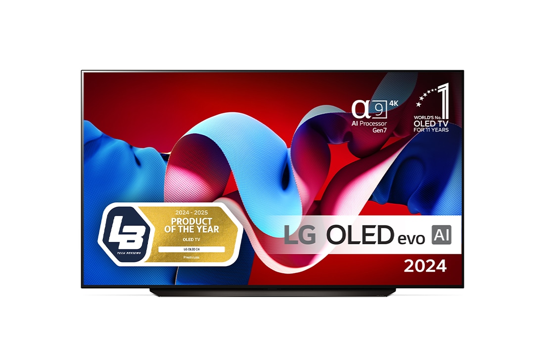 LG 83'' OLED evo AI C4 - 4K TV (2024), Edestäpäin katsottuna LG OLED evo TV, OLED C4, 11 Years of World Number 1 OLED Emblem ja alpha 9 4K AI processor Gen7 logo., OLED83C44LA