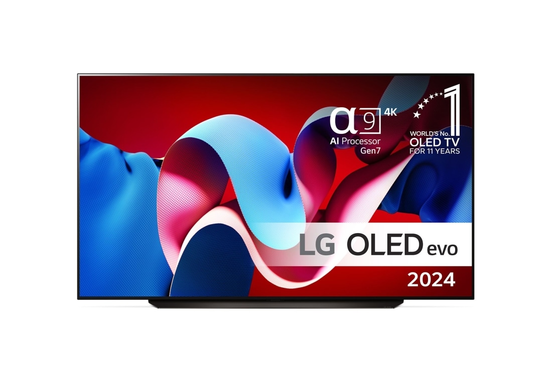 LG 83'' OLED evo C4 - 4K TV (2024), Edestäpäin katsottuna LG OLED evo TV, OLED C4, 11 Years of World Number 1 OLED Emblem ja alpha 9 4K AI processor Gen7 logo., OLED83C44LA