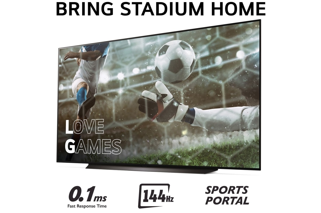 LG 83'' OLED evo AI C4 - 4K TV (2024), Tuo Stadium Home kotiin televisiolla, jossa on jalkapallokuva Love Games -peleistä ja nopea 0,1 mz:n vasteaika, 144 Hz, alareunassa Sports Portal, OLED83C44LA, thumbnail 3