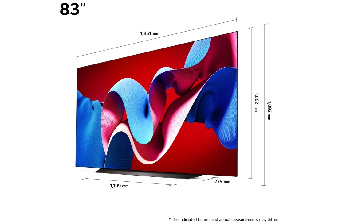 LG 83'' OLED evo AI C4 - 4K TV (2024), Kokoyhteenveto näytön leveydestä, korkeudesta, kokonaiskorkeudesta jalustan kanssa, jalustan leveydestä ja jalustan syvyydestä, OLED83C44LA, thumbnail 5